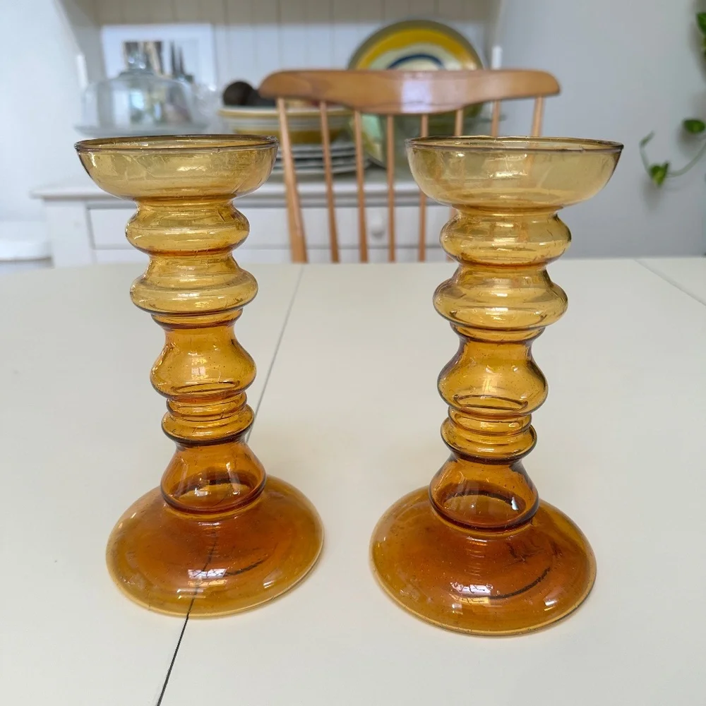 Two Amber Glass Candle Holders for Pillar Candles Handblown Vintage